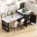 Îlot de cuisine cannelé blanc de 2,10 m avec table de salle à manger extensible pour 4 à 6 personnes, îlot de cuisine pour salle à manger