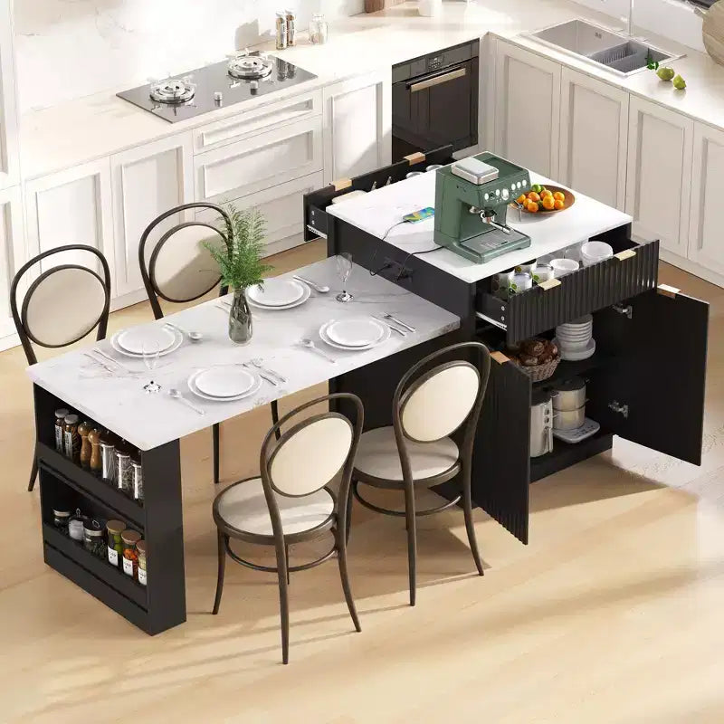 Îlot de cuisine cannelé blanc de 2,10 m avec table de salle à manger extensible pour 4 à 6 personnes, îlot de cuisine pour salle à manger