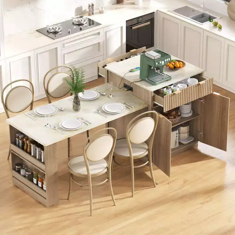Îlot de cuisine cannelé blanc de 2,10 m avec table de salle à manger extensible pour 4 à 6 personnes, îlot de cuisine pour salle à manger