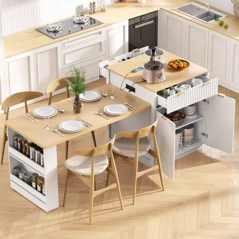 82.6 inch White Fluted Kitchen Island with Extendable Dining Table for 4-6 Kitchen Island Table for Kitchen Dining Room
