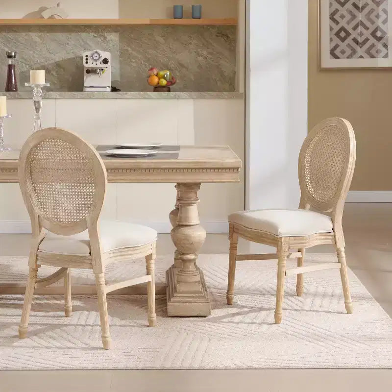 Set of 2 French Rustic Upholstered Dining Chairs with Round Rattan Back, Farmhouse Solid Wood Armless Kitchen Chairs for Dining Room-Panipeachy