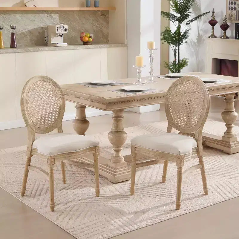Lot de 2 chaises de salle à manger rustiques françaises rembourrées avec dossier rond en rotin, chaises de cuisine sans accoudoirs en bois massif de style ferme pour salle à manger