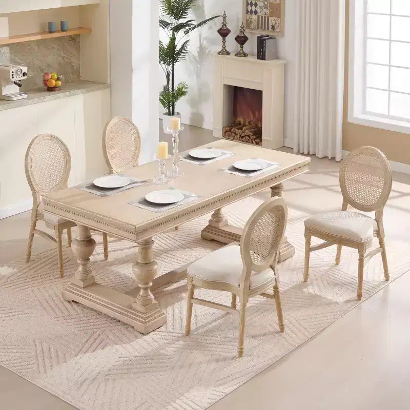 Lot de 2 chaises de salle à manger rustiques françaises rembourrées avec dossier rond en rotin, chaises de cuisine sans accoudoirs en bois massif de style ferme pour salle à manger