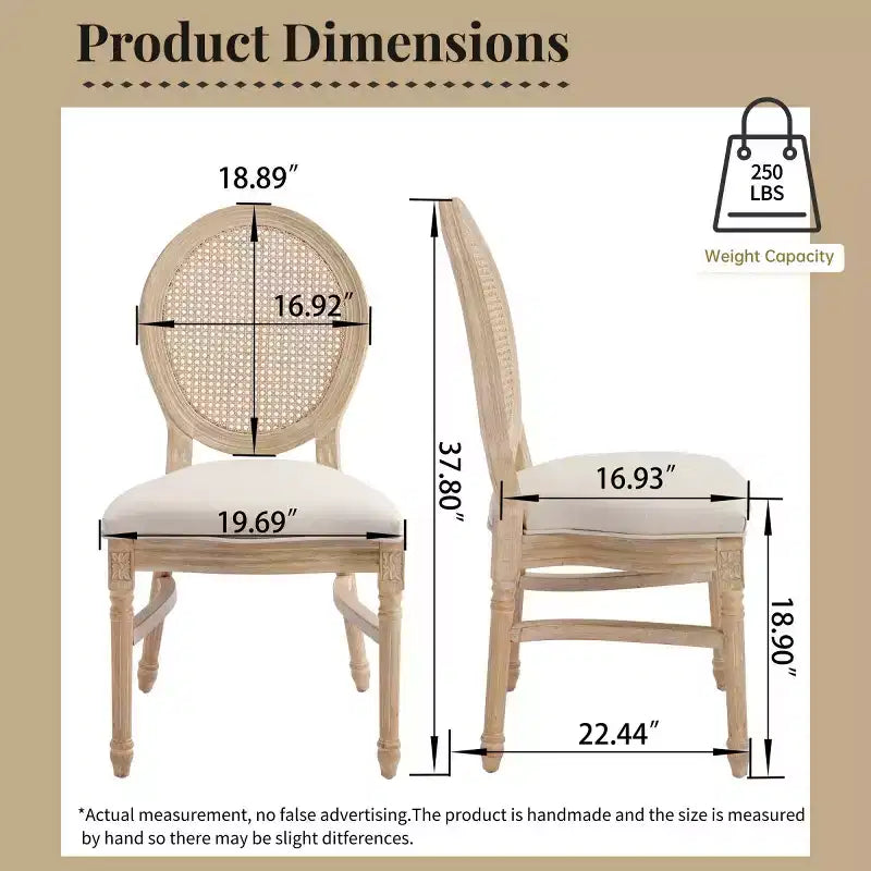 Lot de 2 chaises de salle à manger rustiques françaises rembourrées avec dossier rond en rotin, chaises de cuisine sans accoudoirs en bois massif de style ferme pour salle à manger