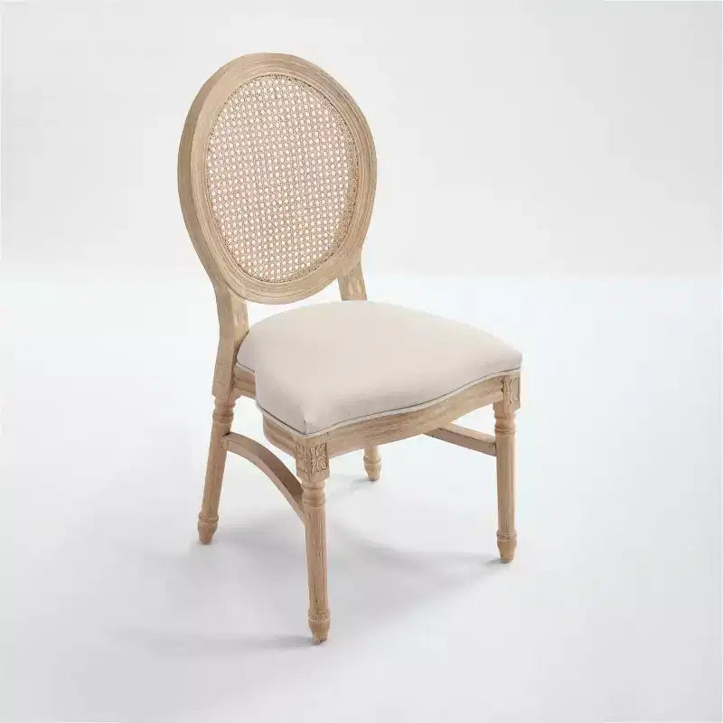 Lot de 2 chaises de salle à manger rustiques françaises rembourrées avec dossier rond en rotin, chaises de cuisine sans accoudoirs en bois massif de style ferme pour salle à manger