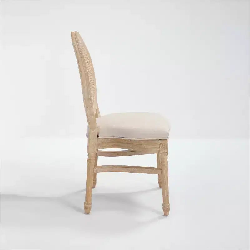 Lot de 2 chaises de salle à manger rustiques françaises rembourrées avec dossier rond en rotin, chaises de cuisine sans accoudoirs en bois massif de style ferme pour salle à manger