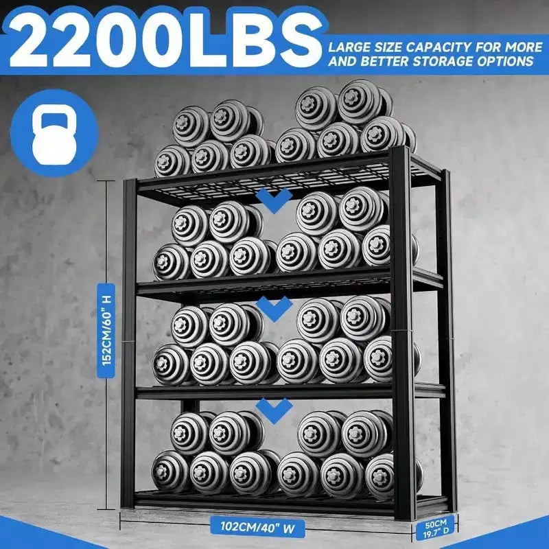 Étagère de garage métallique robuste à 4 niveaux de 101,6 cm de largeur x 48,26 cm de profondeur x 152,4 cm de hauteur, charge de 997,9 kg, noire, étagères de rangement industrielles réglables