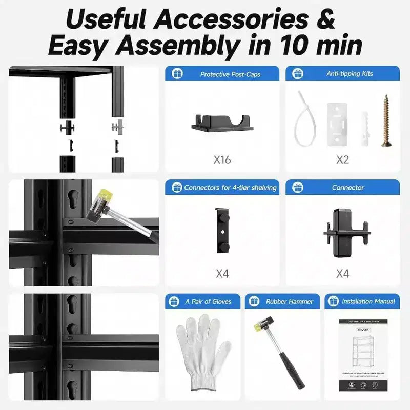 Étagère de garage métallique robuste à 4 niveaux de 101,6 cm de largeur x 48,26 cm de profondeur x 152,4 cm de hauteur, charge de 997,9 kg, noire, étagères de rangement industrielles réglables