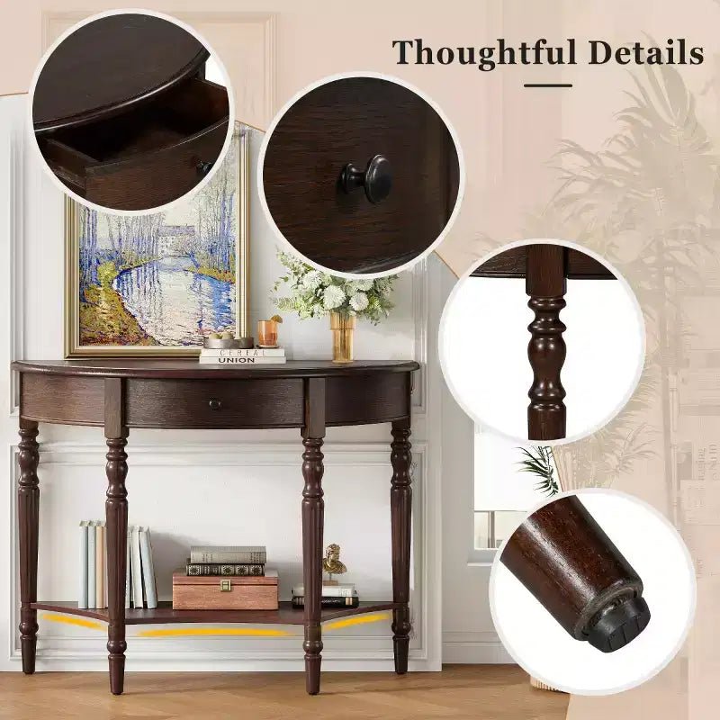 Console demi-lune de style campagnard français de 39", table d'entrée demi-lune de ferme avec tiroir et étagère de rangement