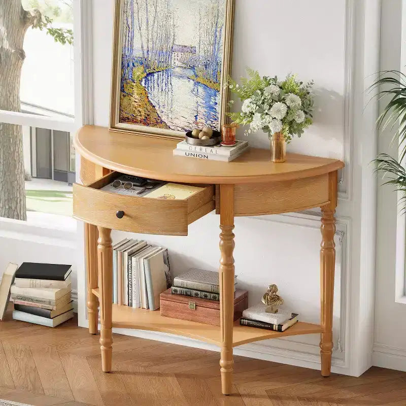 Console demi-lune de style campagnard français de 39", table d'entrée demi-lune de ferme avec tiroir et étagère de rangement