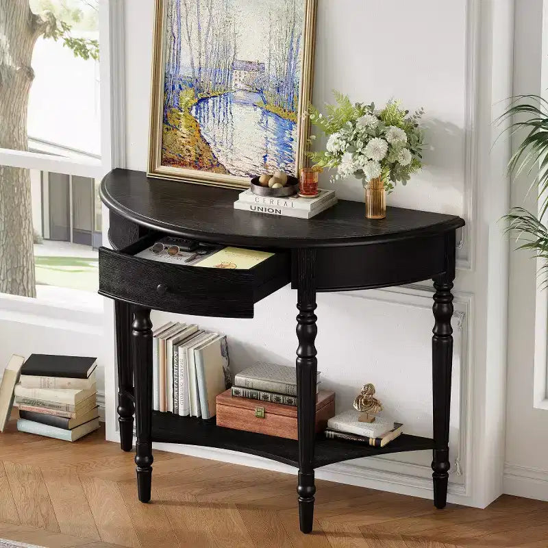 Console demi-lune de style campagnard français de 39", table d'entrée demi-lune de ferme avec tiroir et étagère de rangement