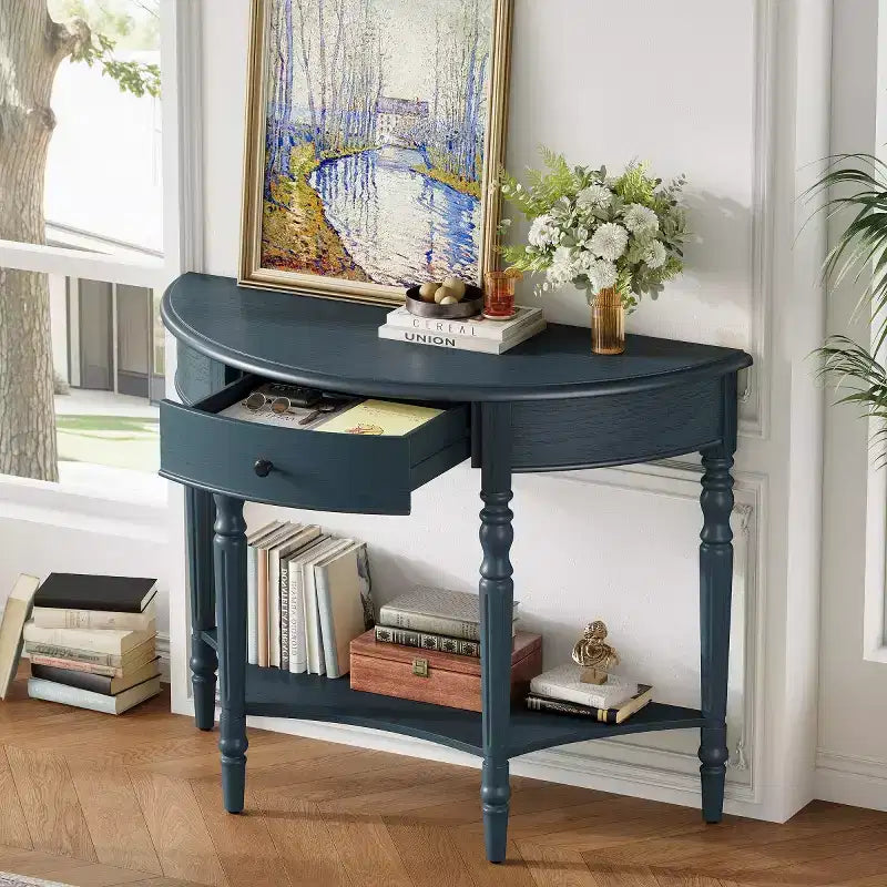 Console demi-lune de style campagnard français de 39", table d'entrée demi-lune de ferme avec tiroir et étagère de rangement