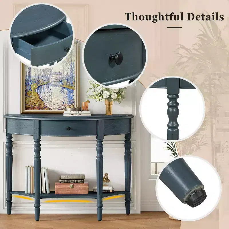 Console demi-lune de style campagnard français de 39", table d'entrée demi-lune de ferme avec tiroir et étagère de rangement