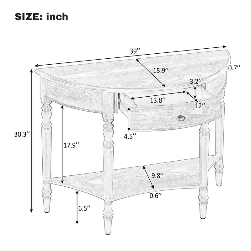 Console demi-lune de style campagnard français de 39", table d'entrée demi-lune de ferme avec tiroir et étagère de rangement