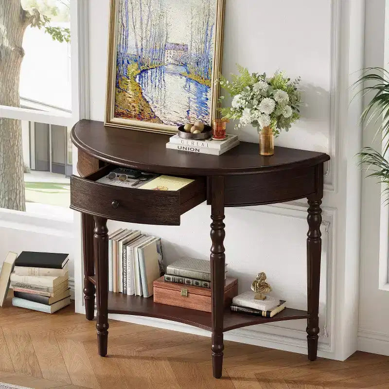 Console demi-lune de style campagnard français de 39", table d'entrée demi-lune de ferme avec tiroir et étagère de rangement