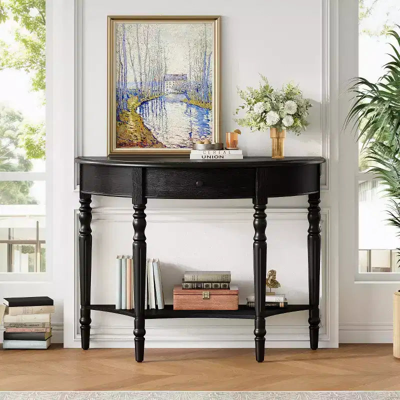 39 French Country Half Moon Console Table, Farmhouse Demilune Entryway Table with Drawer & Storage Shelf - Panipeachy