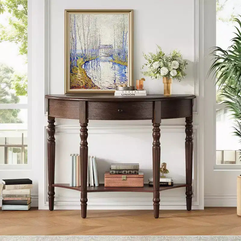 Console demi-lune de style campagnard français de 39", table d'entrée demi-lune de ferme avec tiroir et étagère de rangement