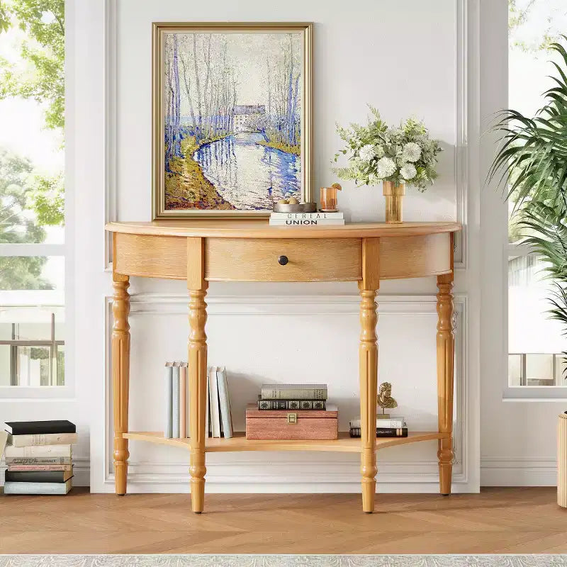 Console demi-lune de style campagnard français de 39", table d'entrée demi-lune de ferme avec tiroir et étagère de rangement