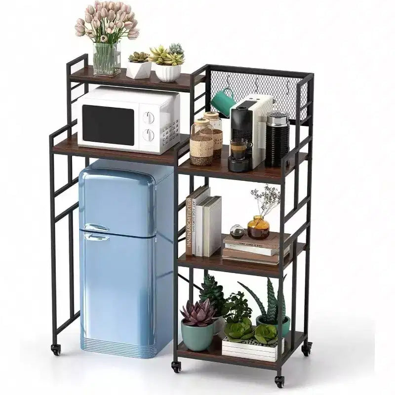 Fridge Shelf with Wheels 5 Tier Kitchen Bakers Rack Adjustable Microwave Oven Stand Table with Storage Fridge Stand
