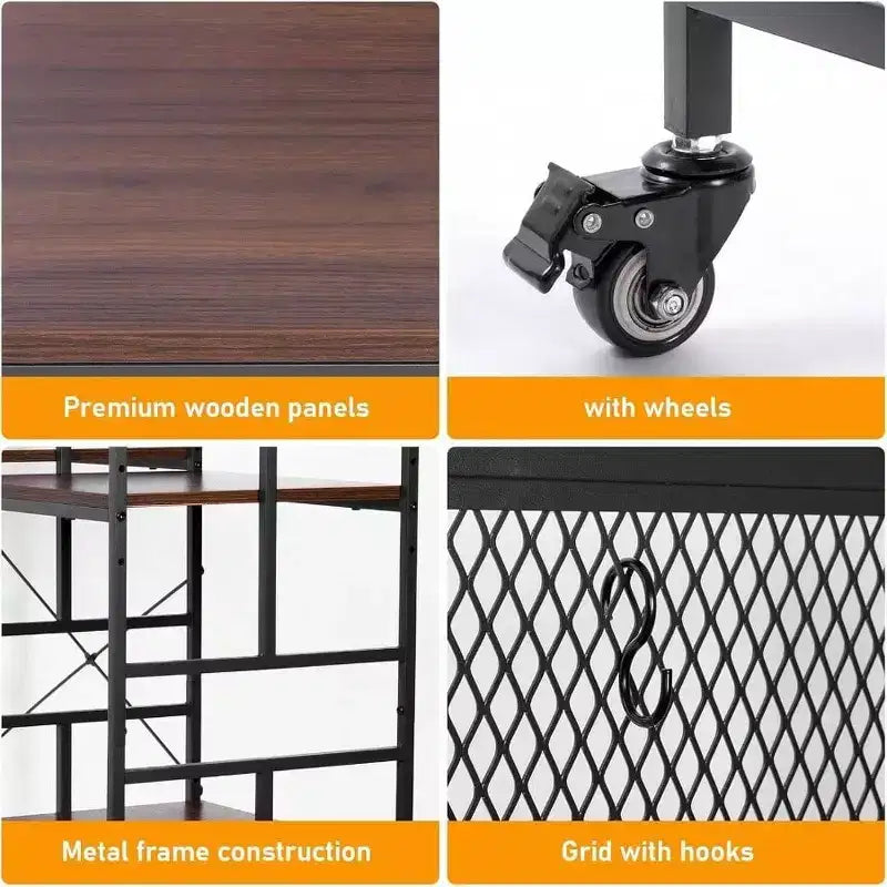 Étagère de Réfrigérateur à Roulettes, Support de Rangement de Cuisine à 5 Niveaux, Rack à Micro-ondes Réglable, Table avec Rangement, Support de Réfrigérateur