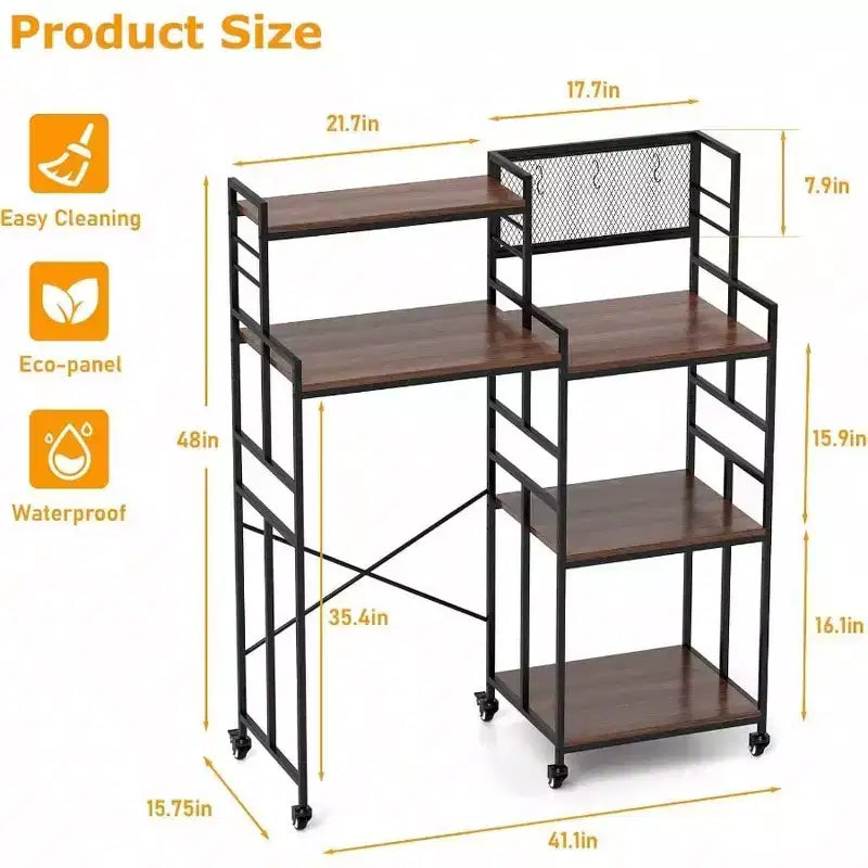 Étagère de Réfrigérateur à Roulettes, Support de Rangement de Cuisine à 5 Niveaux, Rack à Micro-ondes Réglable, Table avec Rangement, Support de Réfrigérateur
