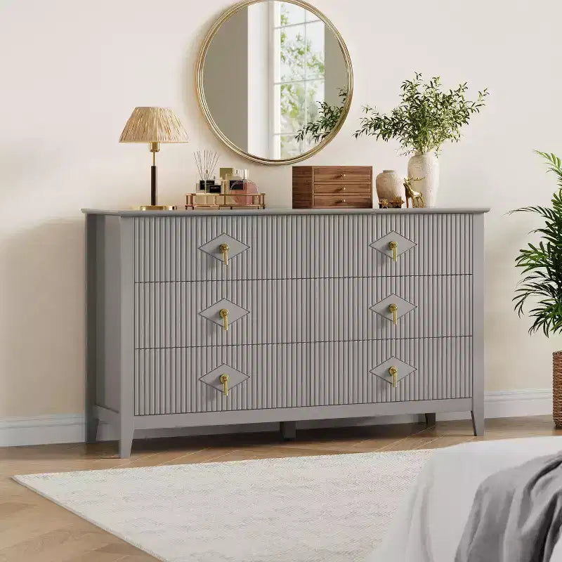 Commode cannelée à 6 tiroirs pour chambre à coucher, commode moderne de 137 cm de large avec poignées en métal, organisateur de commode en bois