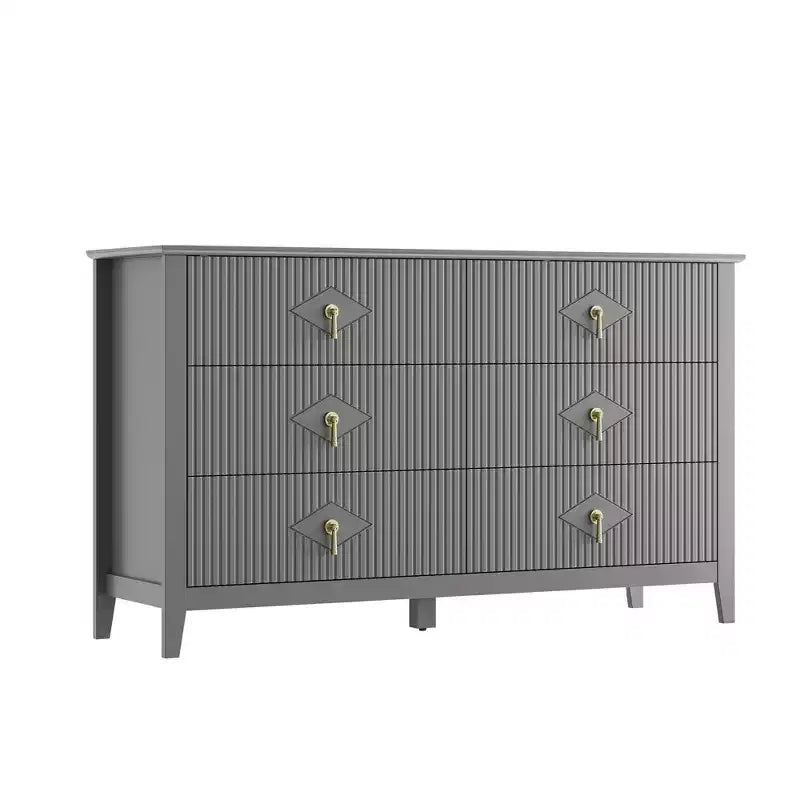 Commode cannelée à 6 tiroirs pour chambre à coucher, commode moderne de 137 cm de large avec poignées en métal, organisateur de commode en bois
