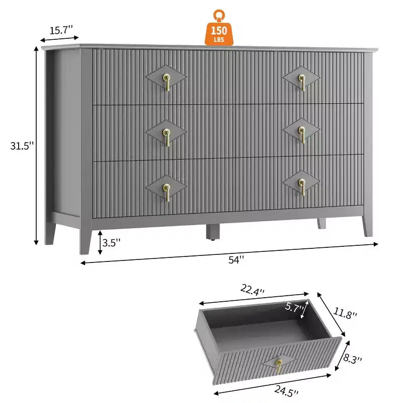 Commode cannelée à 6 tiroirs pour chambre à coucher, commode moderne de 137 cm de large avec poignées en métal, organisateur de commode en bois