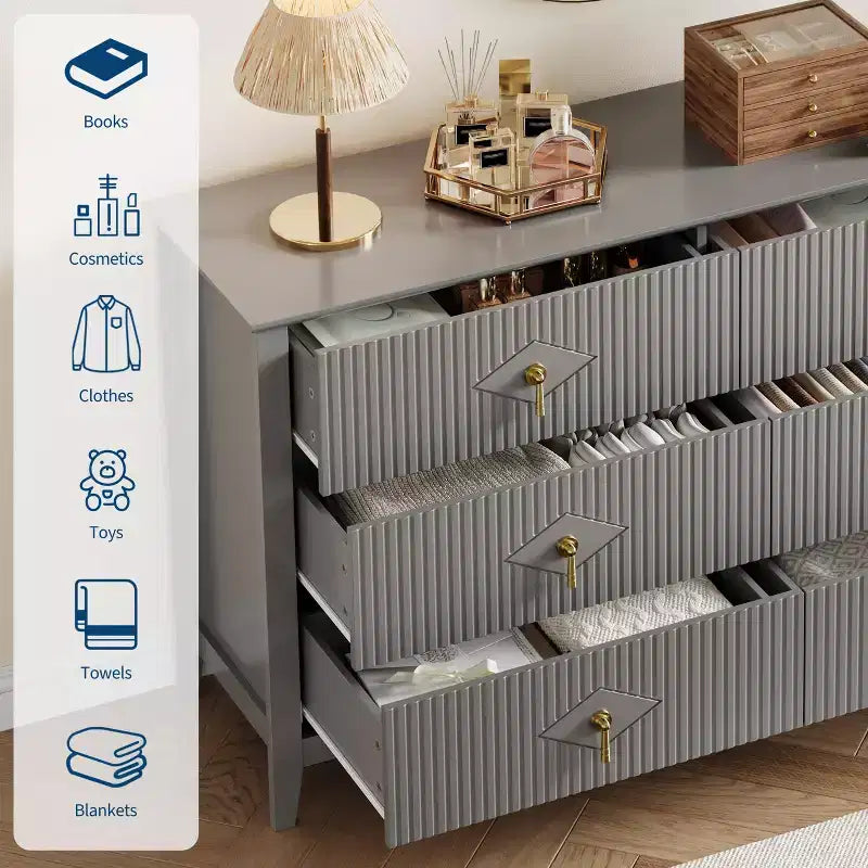 Commode cannelée à 6 tiroirs pour chambre à coucher, commode moderne de 137 cm de large avec poignées en métal, organisateur de commode en bois