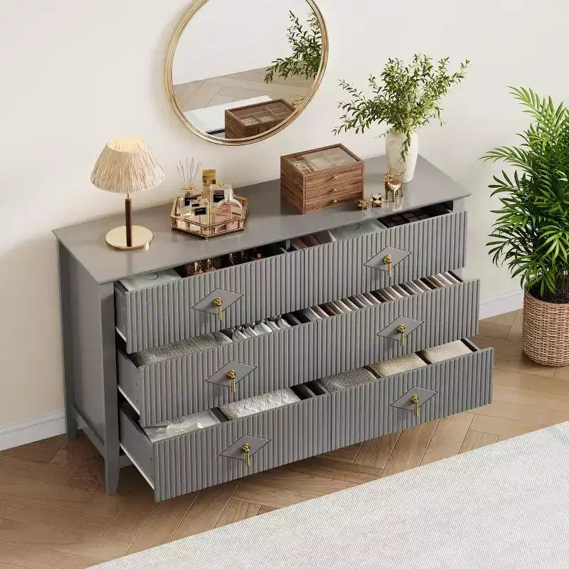 Commode cannelée à 6 tiroirs pour chambre à coucher, commode moderne de 137 cm de large avec poignées en métal, organisateur de commode en bois