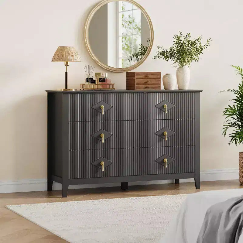 Commode cannelée à 6 tiroirs pour chambre à coucher, commode moderne de 137 cm de large avec poignées en métal, organisateur de commode en bois