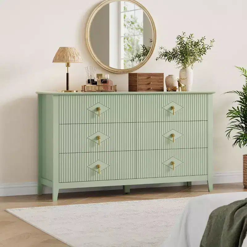 Commode cannelée à 6 tiroirs pour chambre à coucher, commode moderne de 137 cm de large avec poignées en métal, organisateur de commode en bois
