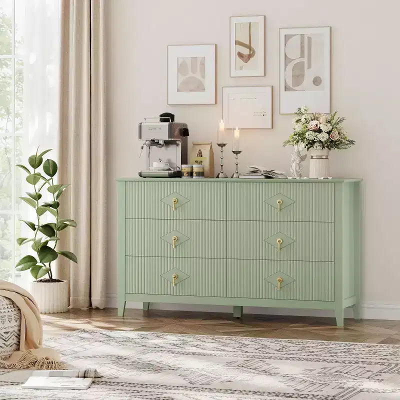 Commode cannelée à 6 tiroirs pour chambre à coucher, commode moderne de 137 cm de large avec poignées en métal, organisateur de commode en bois