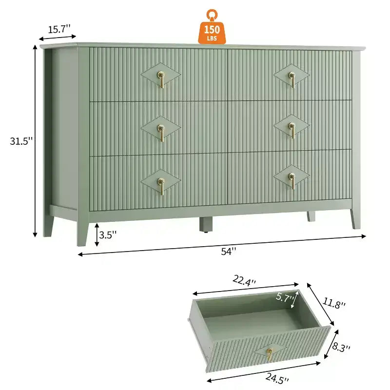 Commode cannelée à 6 tiroirs pour chambre à coucher, commode moderne de 137 cm de large avec poignées en métal, organisateur de commode en bois