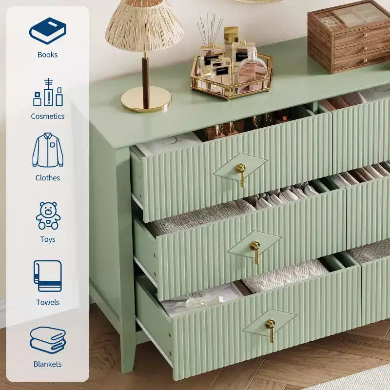 Commode cannelée à 6 tiroirs pour chambre à coucher, commode moderne de 137 cm de large avec poignées en métal, organisateur de commode en bois
