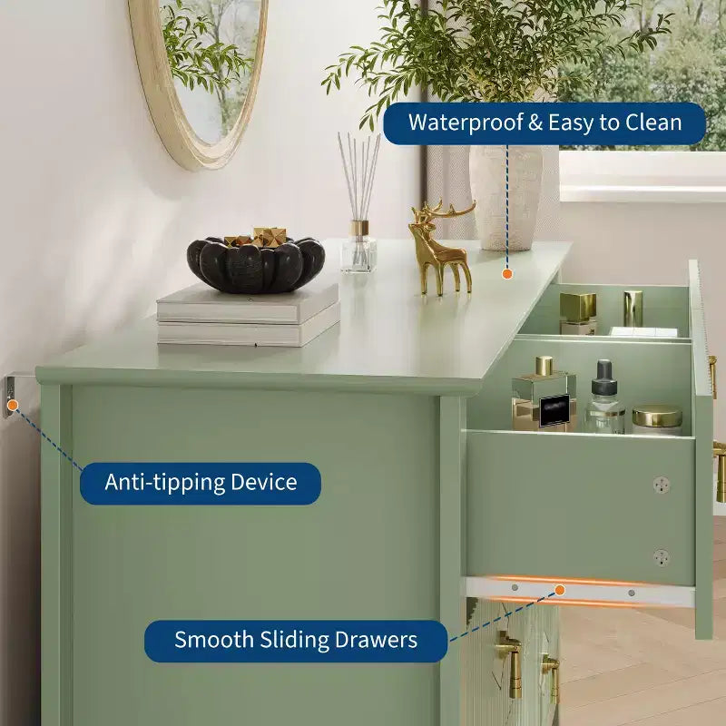 Commode cannelée à 6 tiroirs pour chambre à coucher, commode moderne de 137 cm de large avec poignées en métal, organisateur de commode en bois