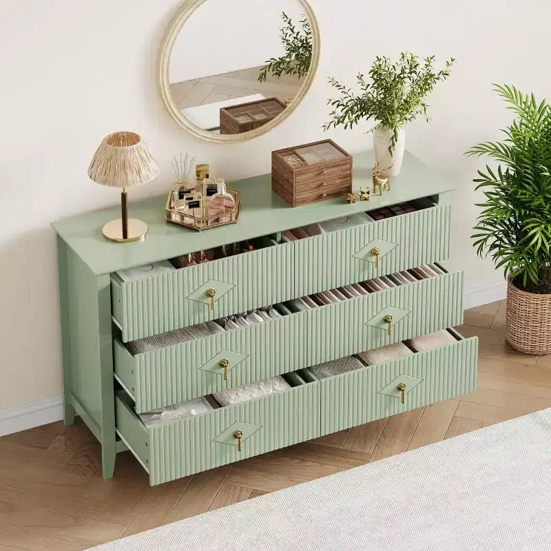 Commode cannelée à 6 tiroirs pour chambre à coucher, commode moderne de 137 cm de large avec poignées en métal, organisateur de commode en bois