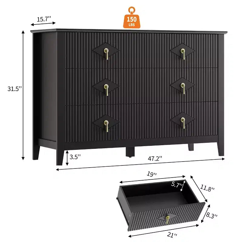 Commode cannelée à 6 tiroirs pour chambre à coucher, commode moderne de 137 cm de large avec poignées en métal, organisateur de commode en bois