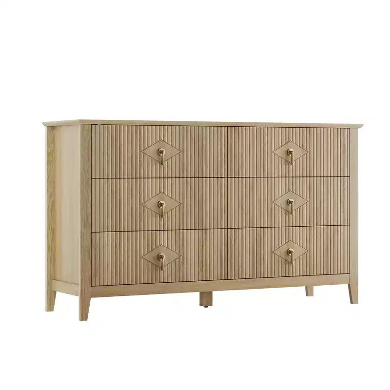 Commode cannelée à 6 tiroirs pour chambre à coucher, commode moderne de 137 cm de large avec poignées en métal, organisateur de commode en bois