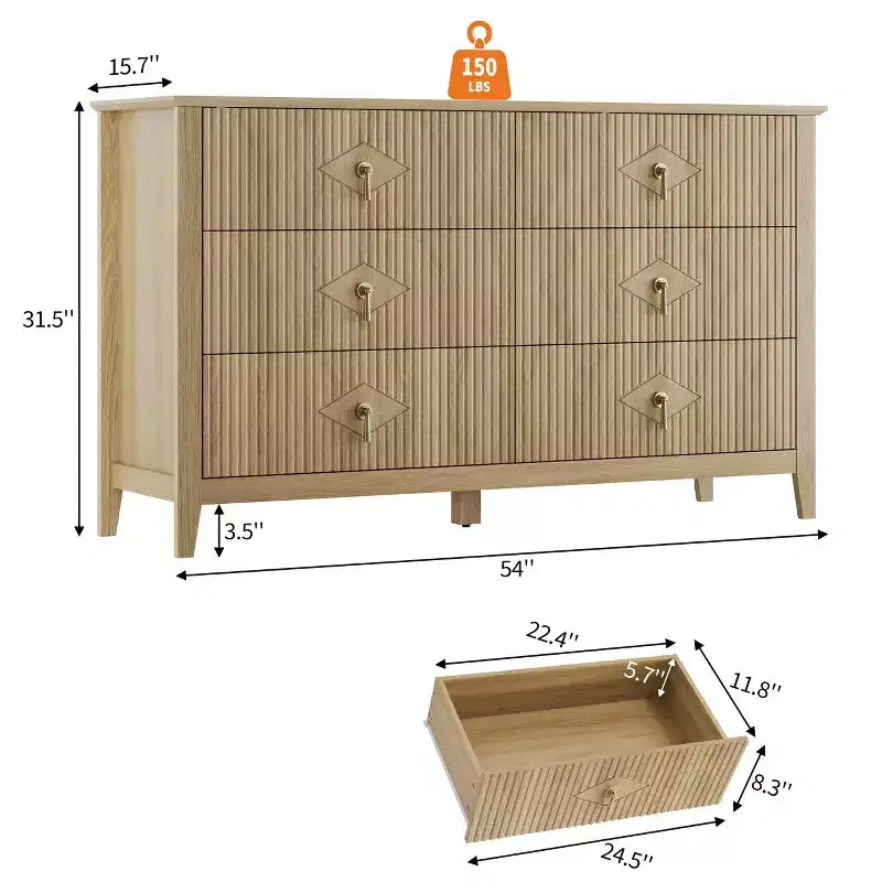 Commode cannelée à 6 tiroirs pour chambre à coucher, commode moderne de 137 cm de large avec poignées en métal, organisateur de commode en bois