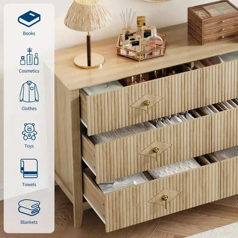 Commode cannelée à 6 tiroirs pour chambre à coucher, commode moderne de 137 cm de large avec poignées en métal, organisateur de commode en bois