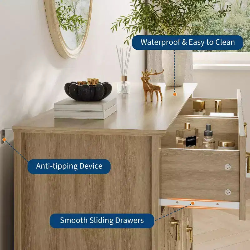 Commode cannelée à 6 tiroirs pour chambre à coucher, commode moderne de 137 cm de large avec poignées en métal, organisateur de commode en bois