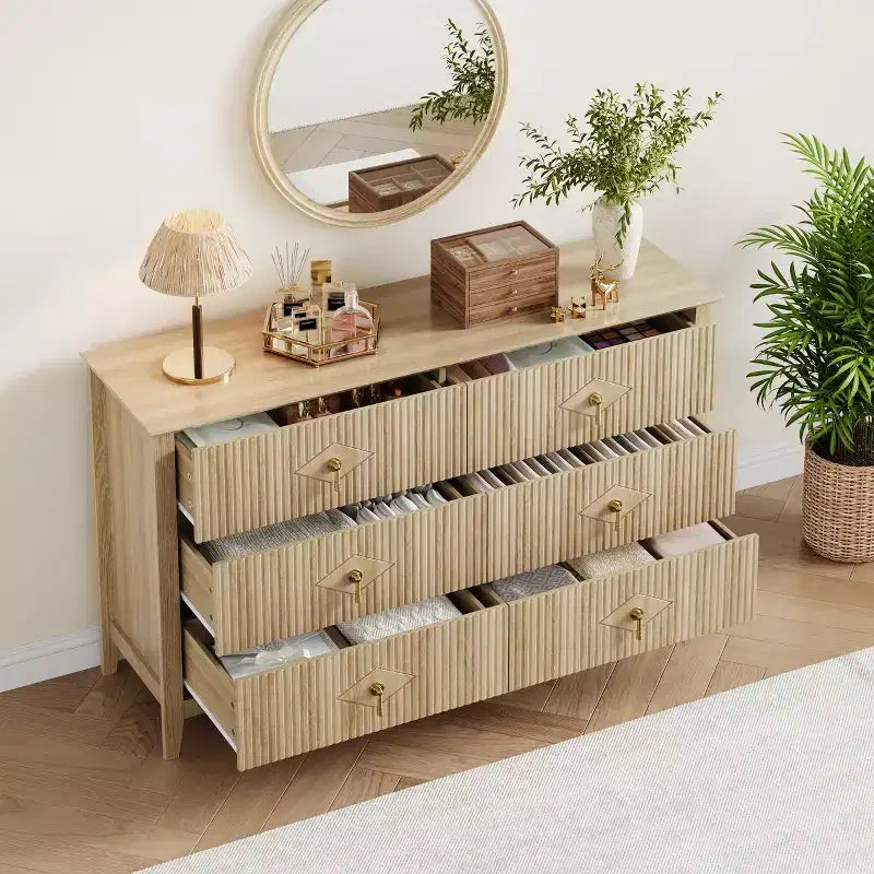 Commode cannelée à 6 tiroirs pour chambre à coucher, commode moderne de 137 cm de large avec poignées en métal, organisateur de commode en bois