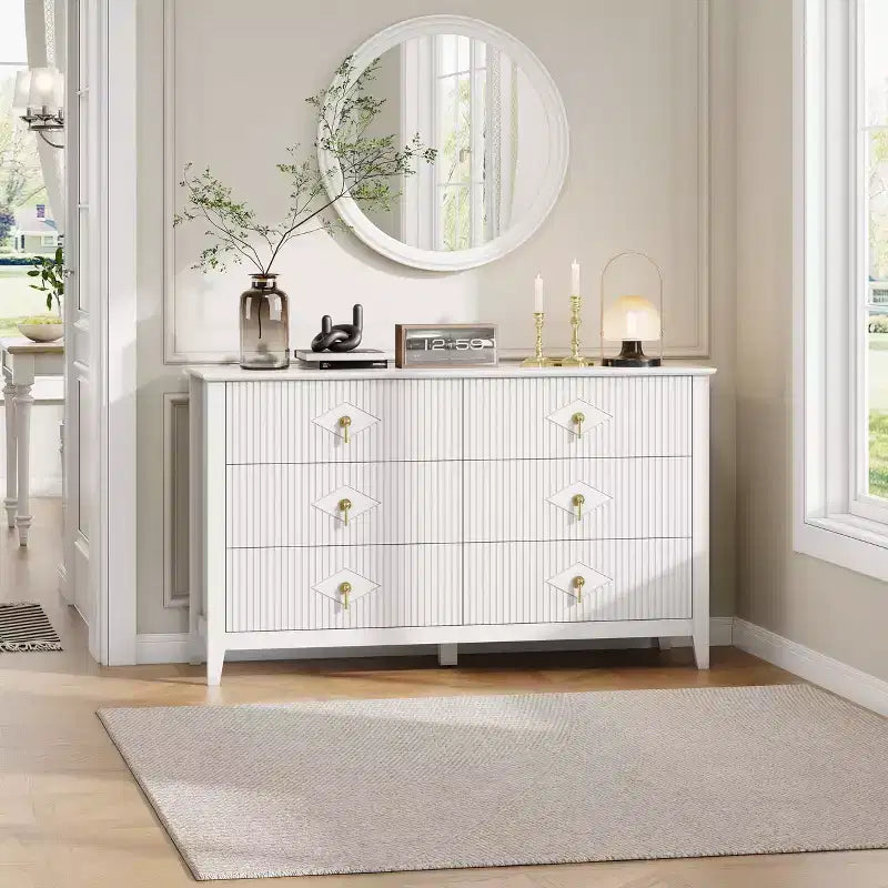 Commode cannelée à 6 tiroirs pour chambre à coucher, commode moderne de 137 cm de large avec poignées en métal, organisateur de commode en bois