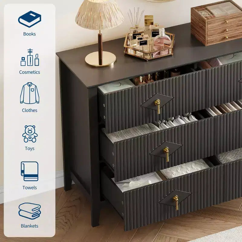 Commode cannelée à 6 tiroirs pour chambre à coucher, commode moderne de 137 cm de large avec poignées en métal, organisateur de commode en bois