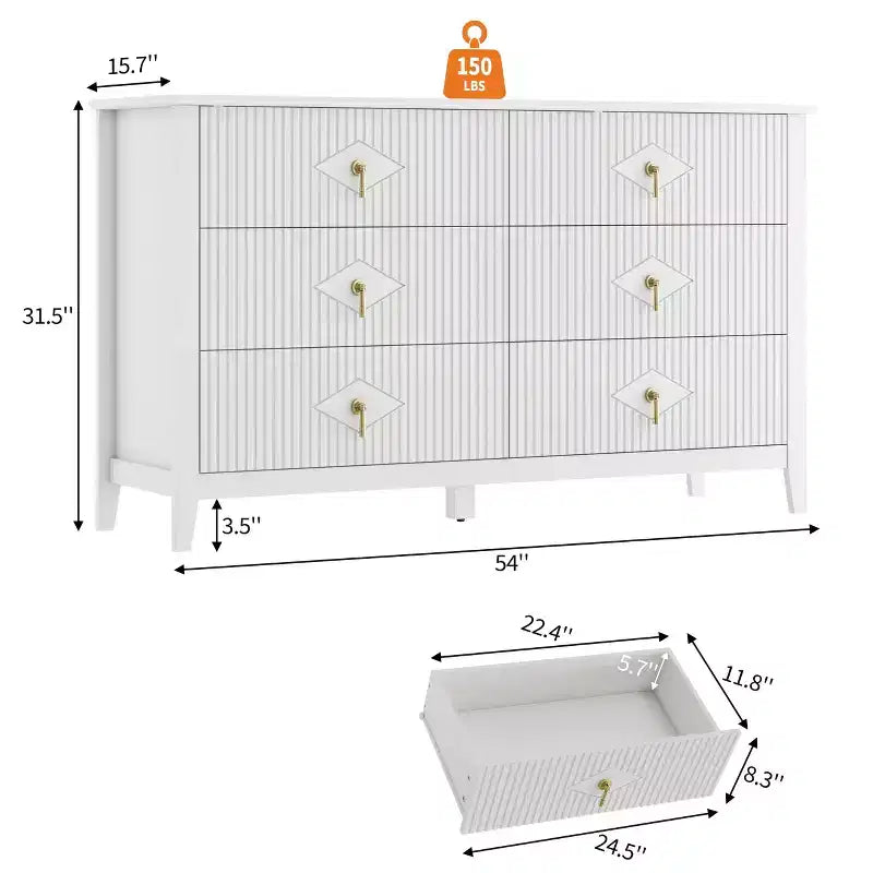 Commode cannelée à 6 tiroirs pour chambre à coucher, commode moderne de 137 cm de large avec poignées en métal, organisateur de commode en bois