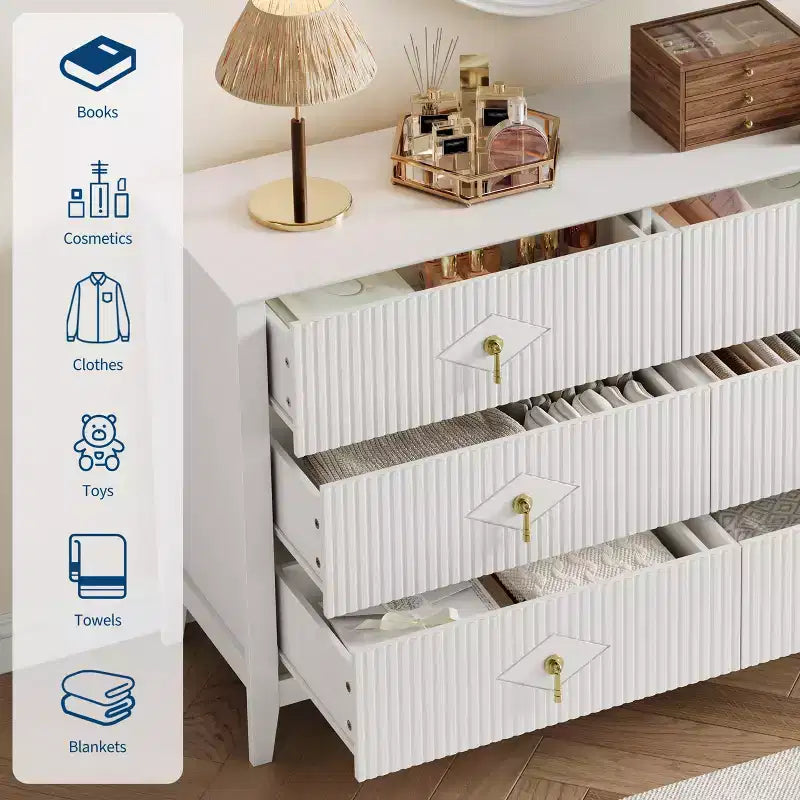 Commode cannelée à 6 tiroirs pour chambre à coucher, commode moderne de 137 cm de large avec poignées en métal, organisateur de commode en bois