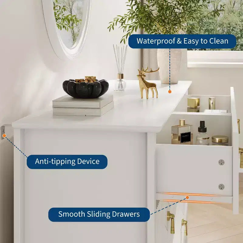 Commode cannelée à 6 tiroirs pour chambre à coucher, commode moderne de 137 cm de large avec poignées en métal, organisateur de commode en bois
