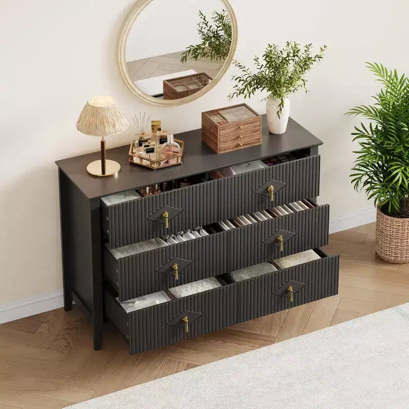 Commode cannelée à 6 tiroirs pour chambre à coucher, commode moderne de 137 cm de large avec poignées en métal, organisateur de commode en bois