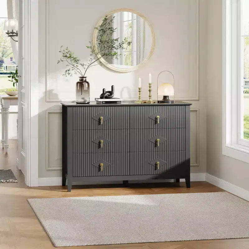 Commode cannelée à 6 tiroirs pour chambre à coucher, commode moderne de 137 cm de large avec poignées en métal, organisateur de commode en bois